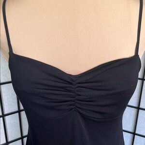 BCBG Paris Black Ruched Adjustable Spaghetti Strap Dress w/ Pleated Ruffle Hem M